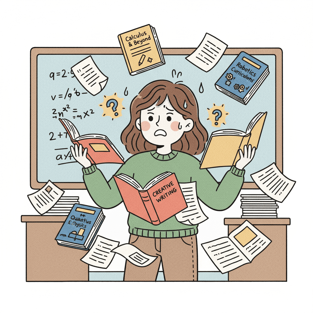 여러 과목의 교과서를 들고 고민하는 교사의 모습