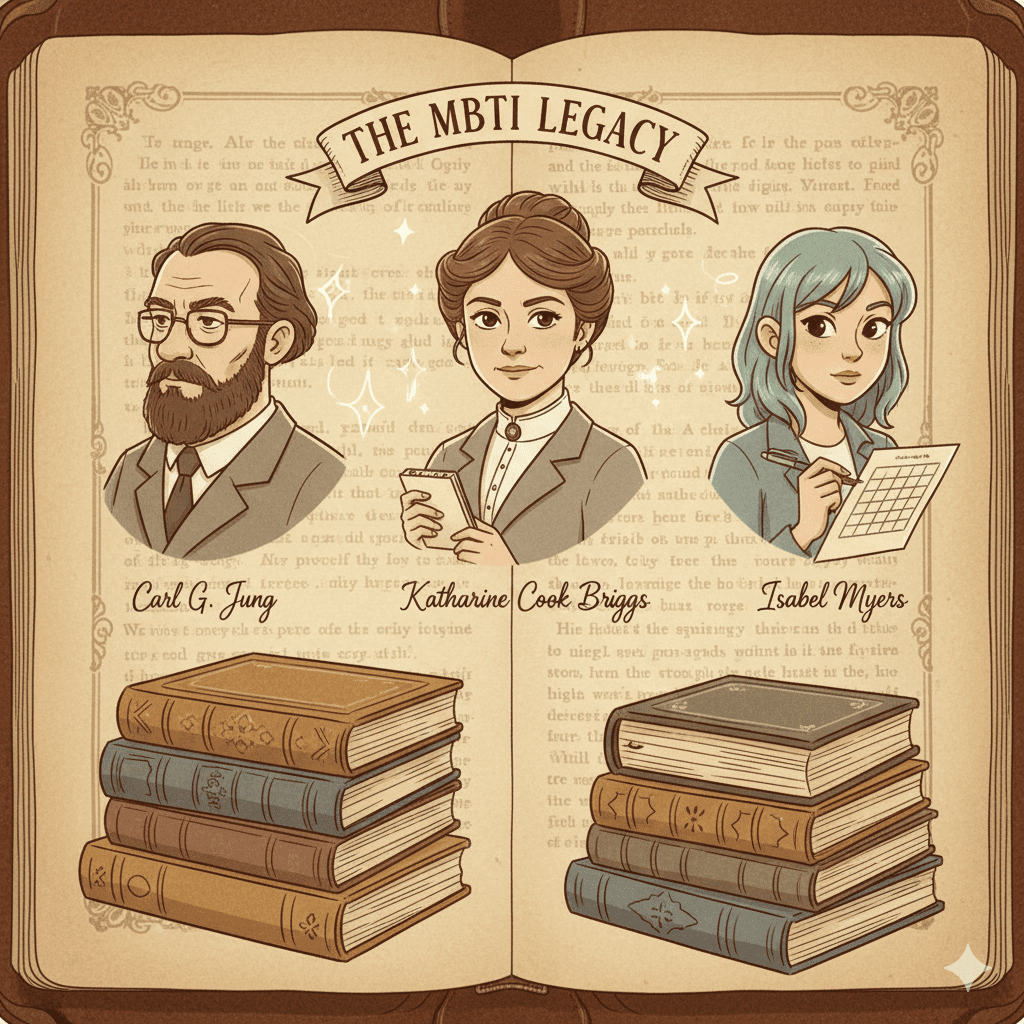 빈티지한 느낌의 사진첩이나 오래된 서적을 배경으로 칼 구스타프 융, 캐서린 쿡 브릭스, 이사벨 마이어스의 초상화가 나란히 배열된 일러스트.