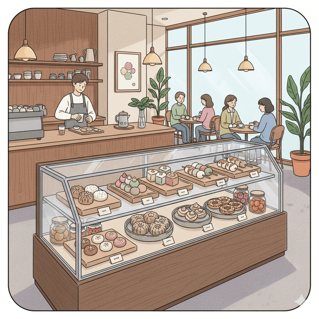 현대적으로 재해석된 약과와 전통 디저트들이 세련된 카페에 진열된 모습의 일러스트
