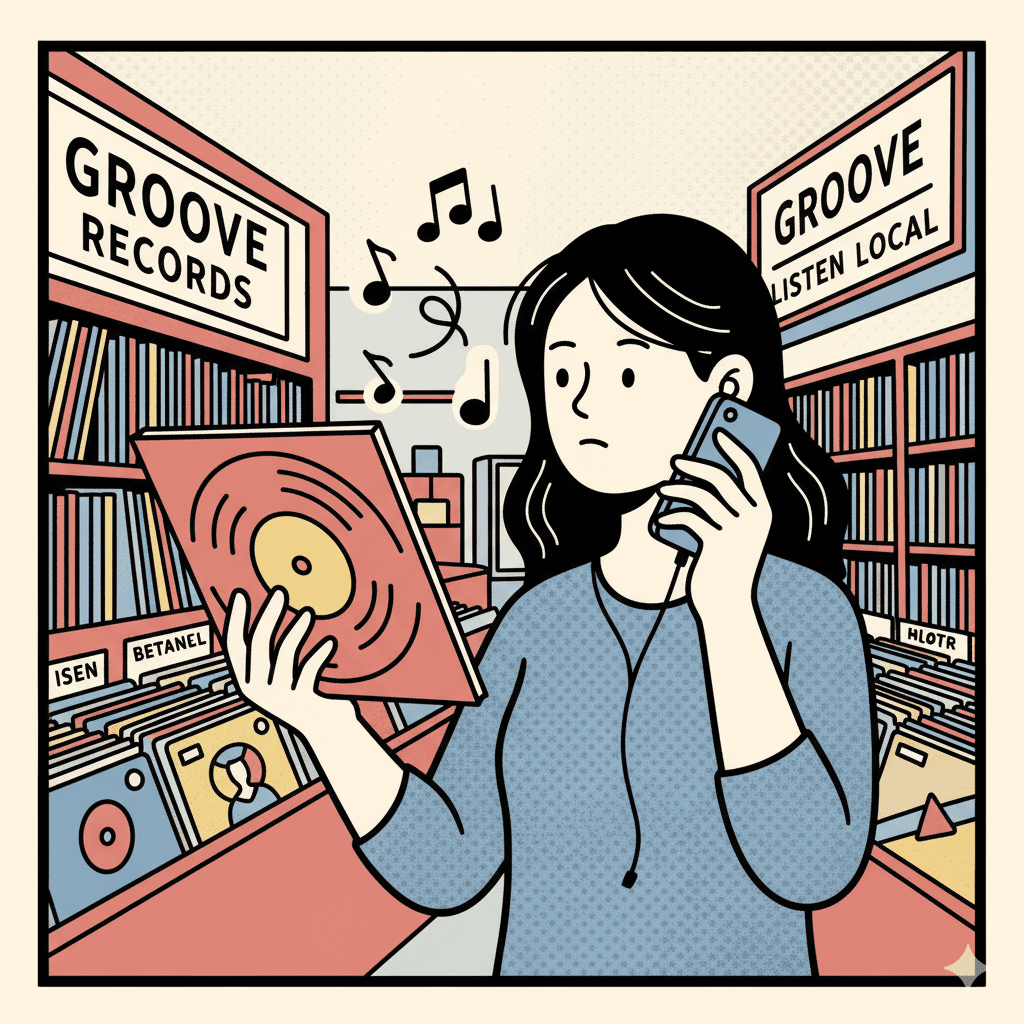 한 젊은 여성이 LP판을 고르면서 스마트폰으로 음악을 듣는 모습이 교차되는 일러스트