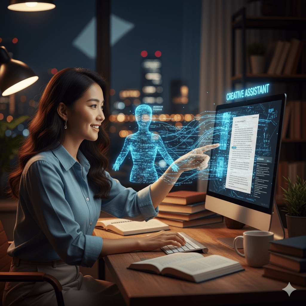 A person collaborating with an AI on a creative writing project, with text flowing from the AI and being refined by the human