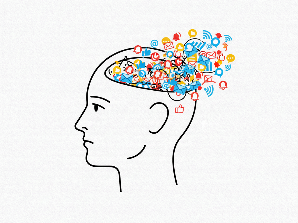 수많은 정보 아이콘이 머릿속으로 쏟아져 들어와 정보 과부하를 겪는 사람을 표현한 일러스트