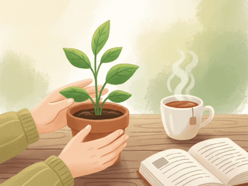 따뜻한 차와 책을 옆에 두고 화분을 가꾸며 아날로그 취미를 즐기는 모습