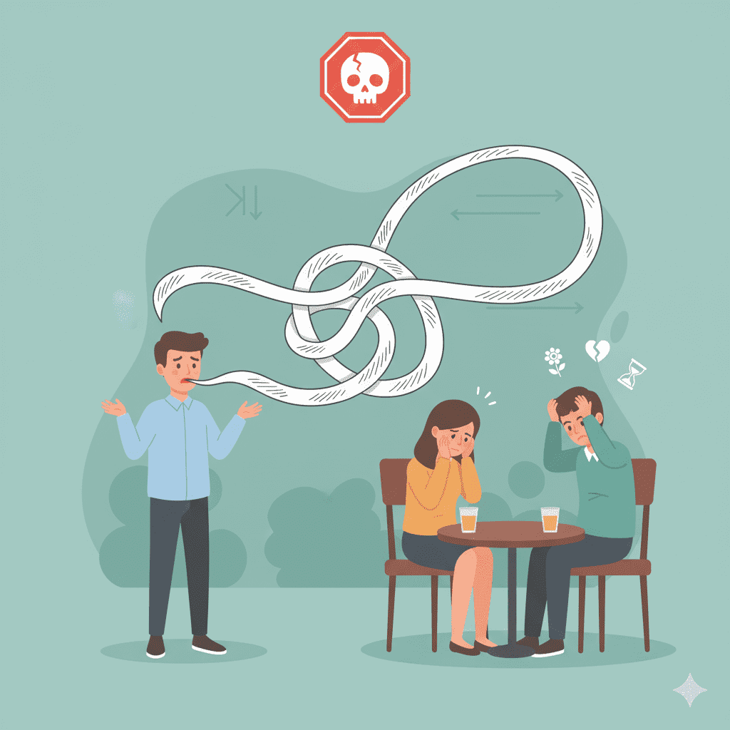 한 사람이 계속 변명을 늘어놓고 있고, 그 변명이 말풍선 꼬리를 물고 끝없이 이어지는 모습을 표현한 일러스트