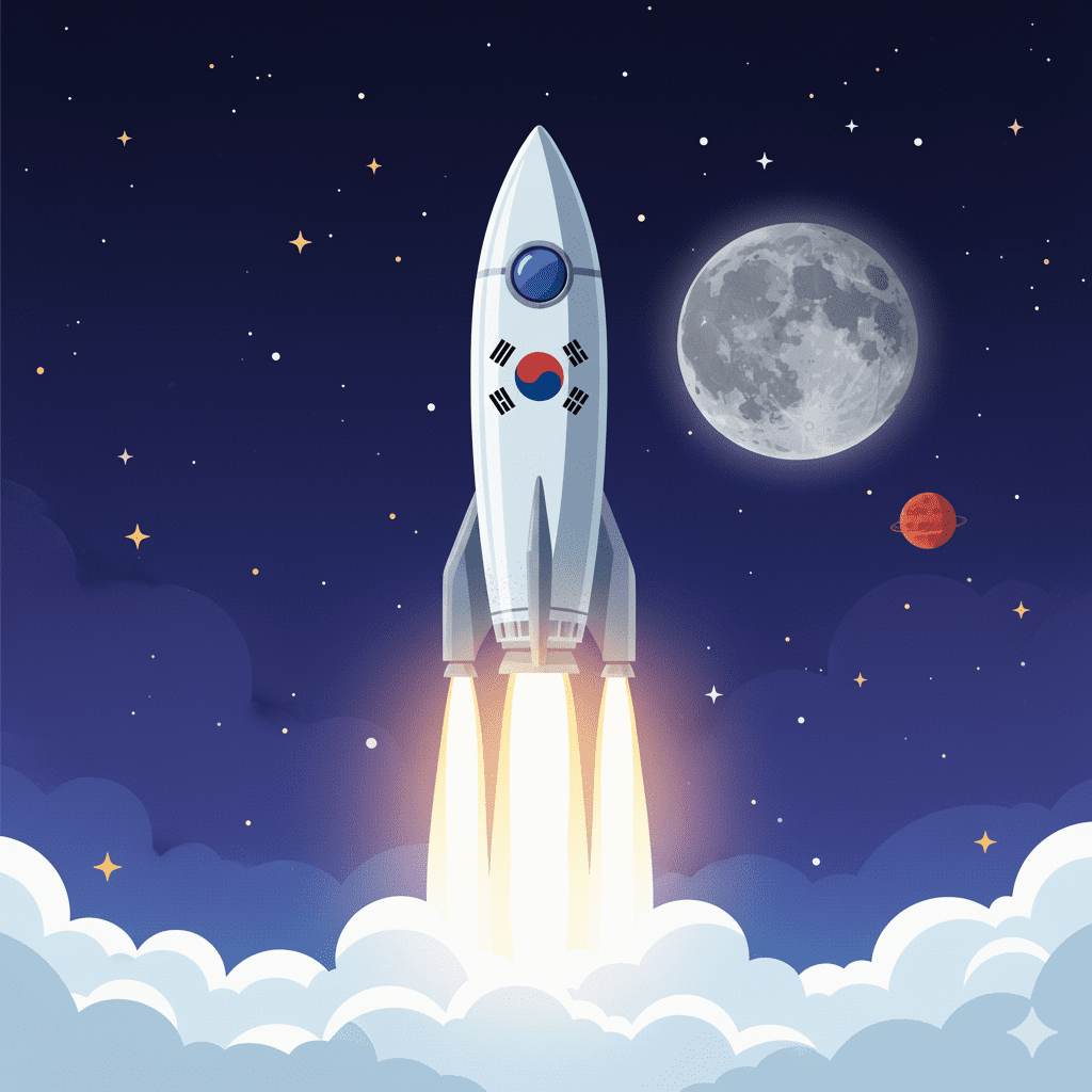 우주로 뻗어나가는 로켓의 귀여운 일러스트