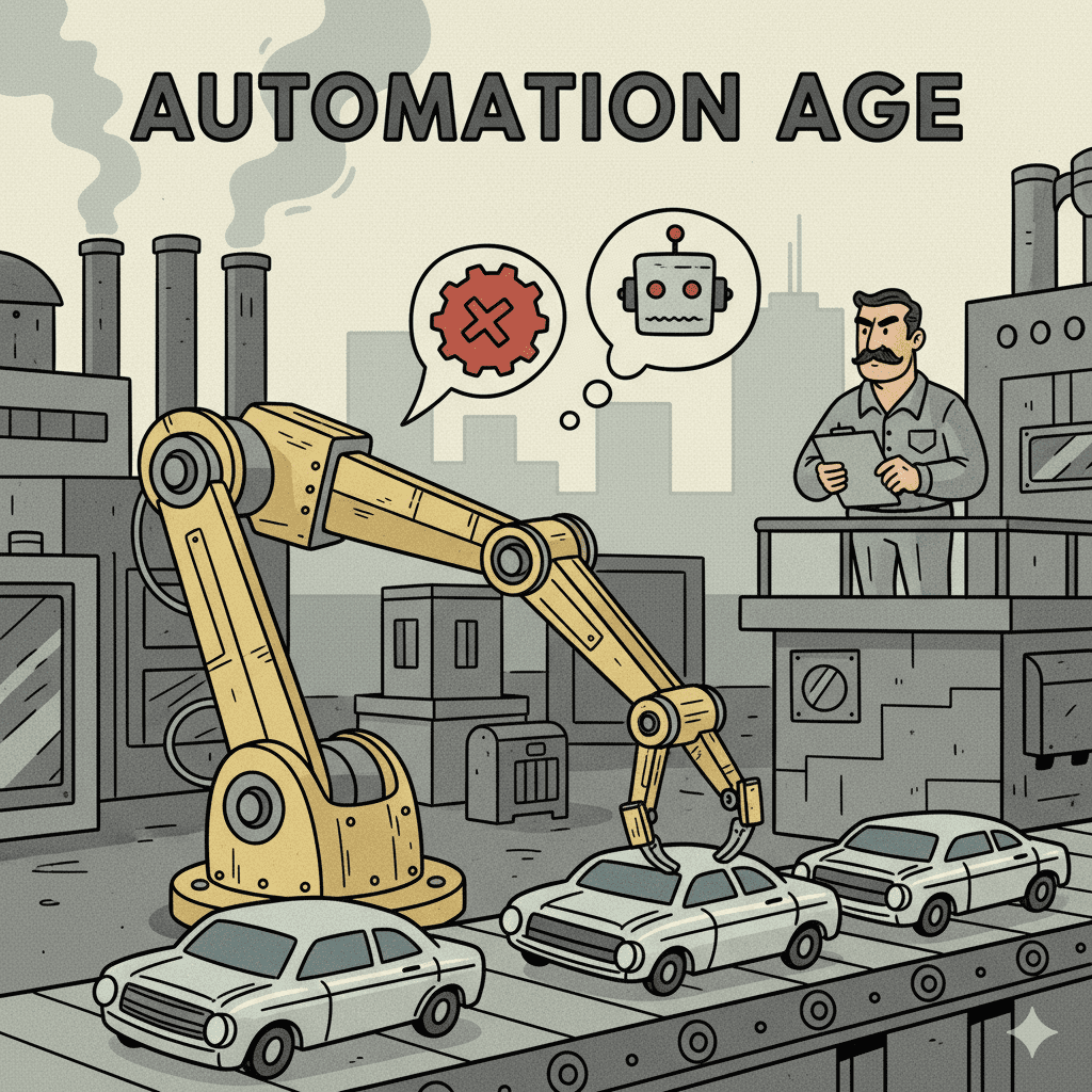 1세대 산업용 로봇 구식 산업용 로봇 팔이 공장 조립 라인에서 작업하는 모습을 담은 복고풍 만화 스타일 일러스트