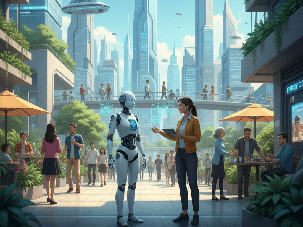 인간과 공존하는 미래의 로봇 미래 도시에서 로봇과 인간이 함께 어울려 살아가는 모습을 담은 밝고 희망적인 일러스트