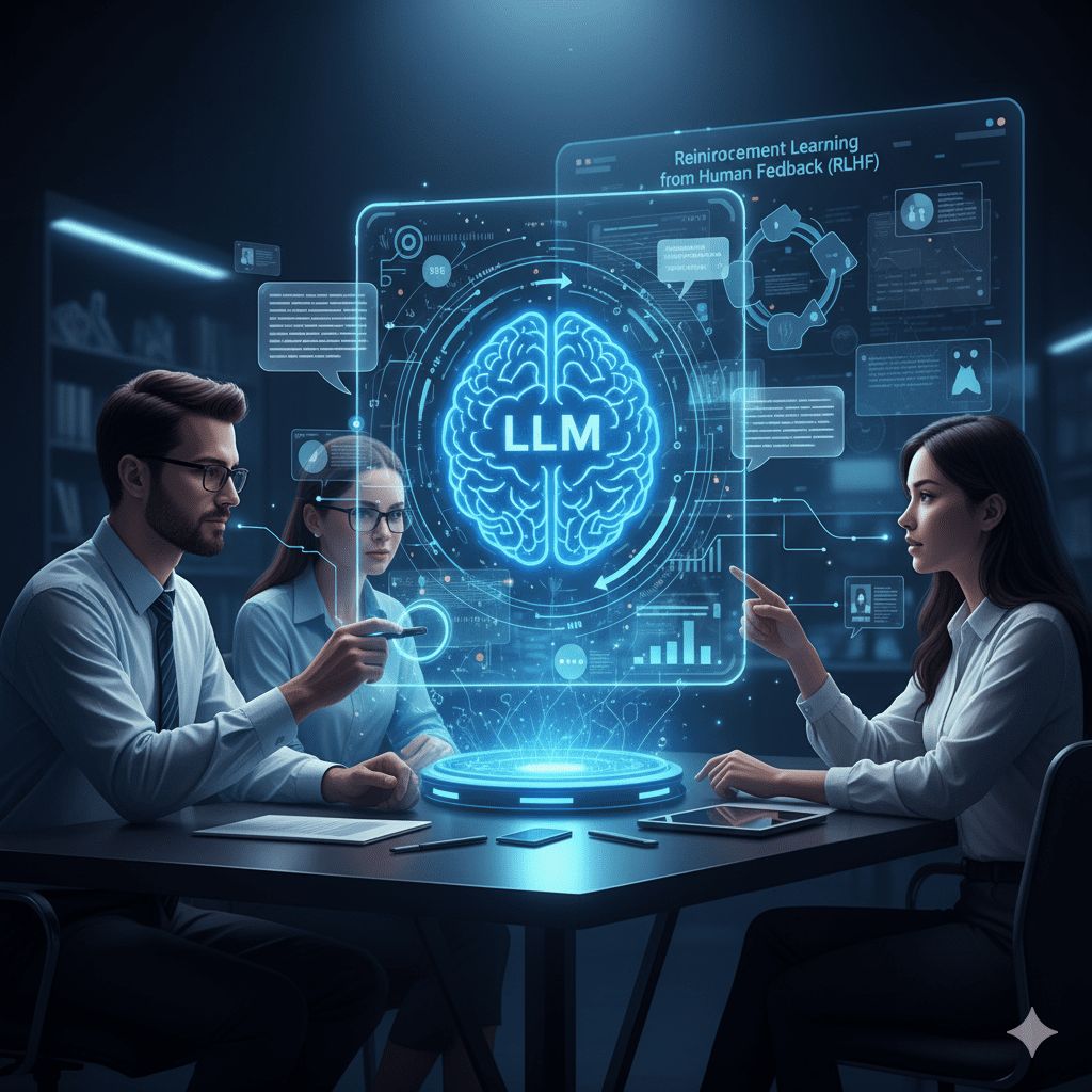A visual representation of the fine-tuning process, with human hands interacting with an AI interface, providing feedback and guidance