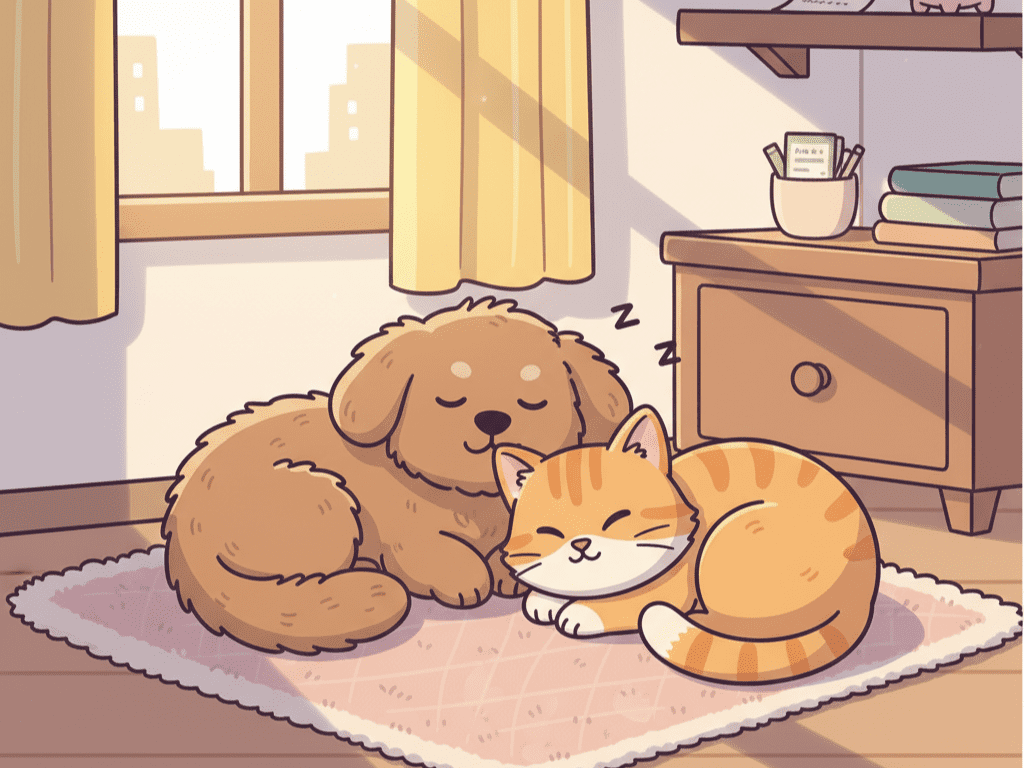 따뜻하고 아늑한 공간에서 강아지와 고양이가 서로 기대어 잠들어 있는 모습의 귀여운 일러스트