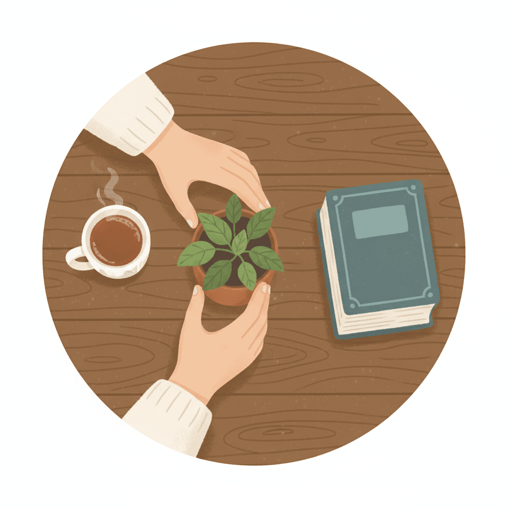책과 차가 놓인 테이블 위에서 화분을 가꾸는 손을 보여주는 평화로운 일러스트