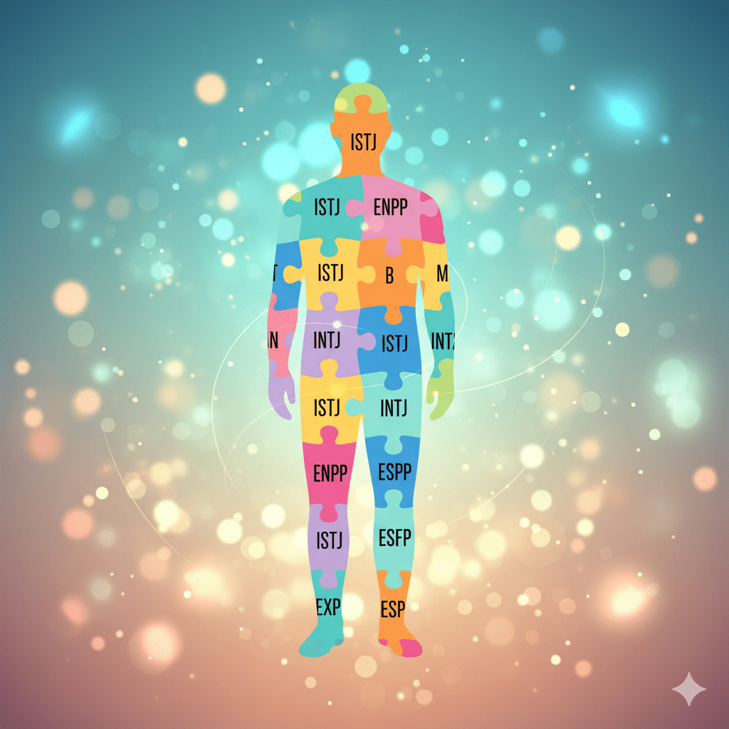 다양한 성격 유형을 상징하는 여러 개의 퍼즐 조각들이 모여 하나의 온전한 사람 모양을 이루는 추상적인 일러스트. 밝고 따뜻한 색감으로 긍정적인 분위기를 연출.