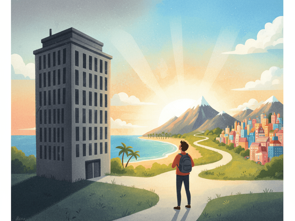 우울한 사무실을 떠나 여러 갈림길 앞에 서 있는 사람의 뒷모습