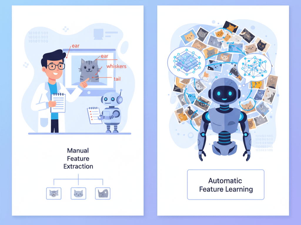 한쪽에는 사람이 로봇에게 고양이의 특징(귀, 꼬리)을 가르쳐주고, 다른 쪽에는 로봇이 스스로 수많은 사진 속에서 고양이를 찾아내는 모습을 비교하는 일러스트