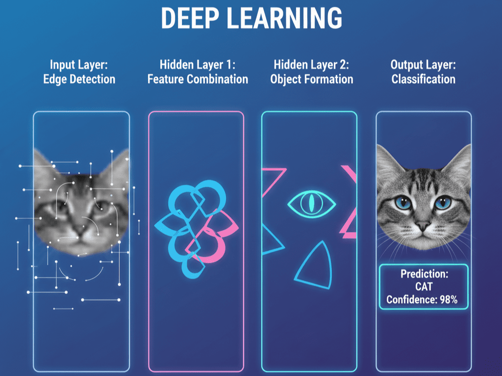 단순한 선과 곡선이 여러 단계를 거쳐 고양이의 눈, 귀 등 복잡한 형태로 조합되고, 마지막에 완전한 고양이 얼굴로 완성되는 과정을 보여주는 인포그래픽 스타일 일러스트
