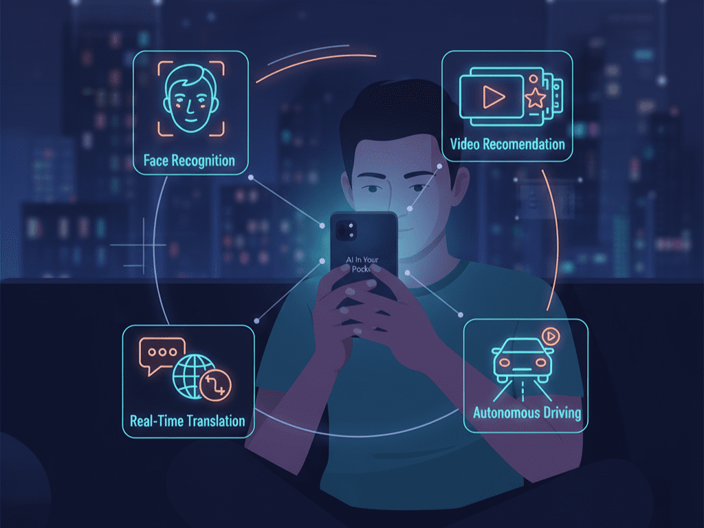 한 사람이 스마트폰을 사용하고 있고, 그 주위로 얼굴 인식, 영상 추천, 실시간 번역, 자율주행을 상징하는 아이콘들이 빛나고 있는 일러스트