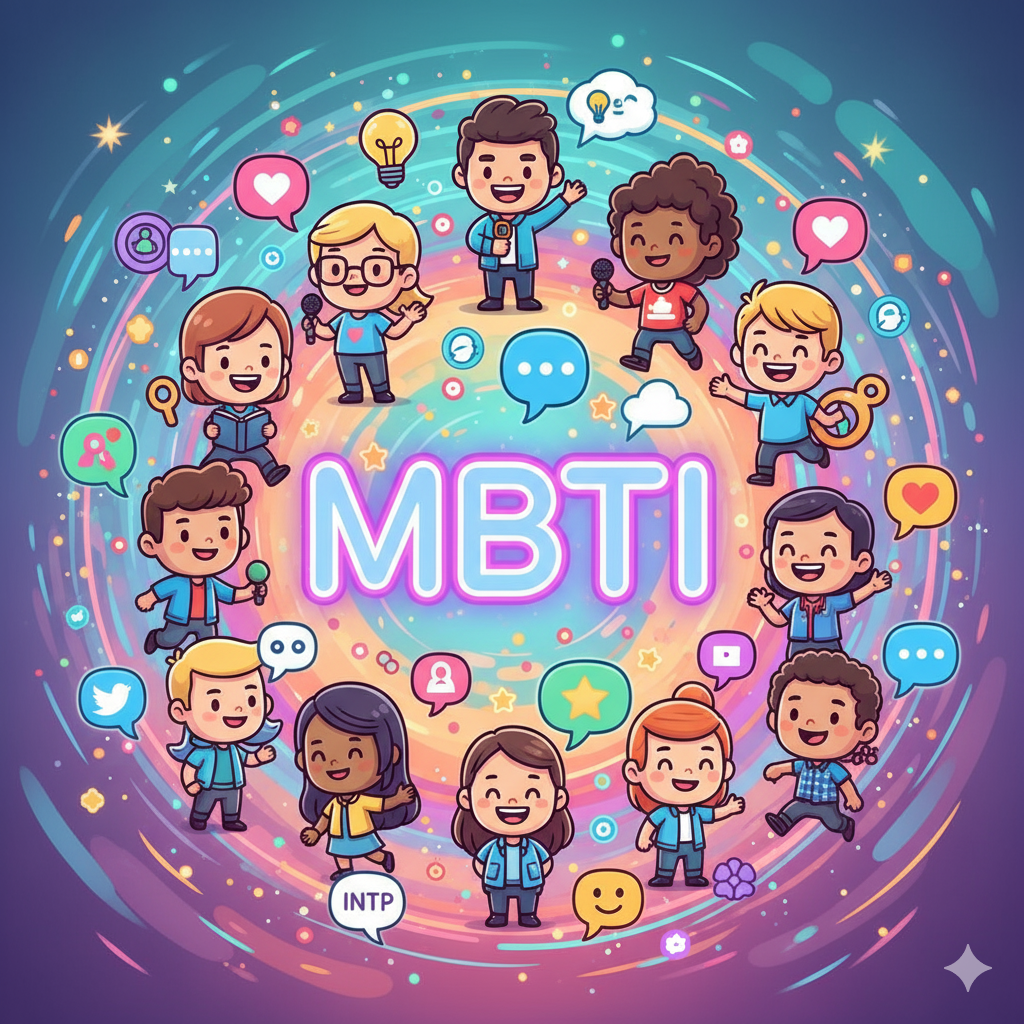 다양한 MBTI 유형을 나타내는 16개의 작은 캐릭터들이 서로 어울려 소통하고 있는 모습. 중앙에는 'MBTI'라는 글자가 있고, 주변에는 이모티콘과 대화 말풍선이 떠다님. 화려하고 밝은 색감으로 활기찬 분위기 연출.