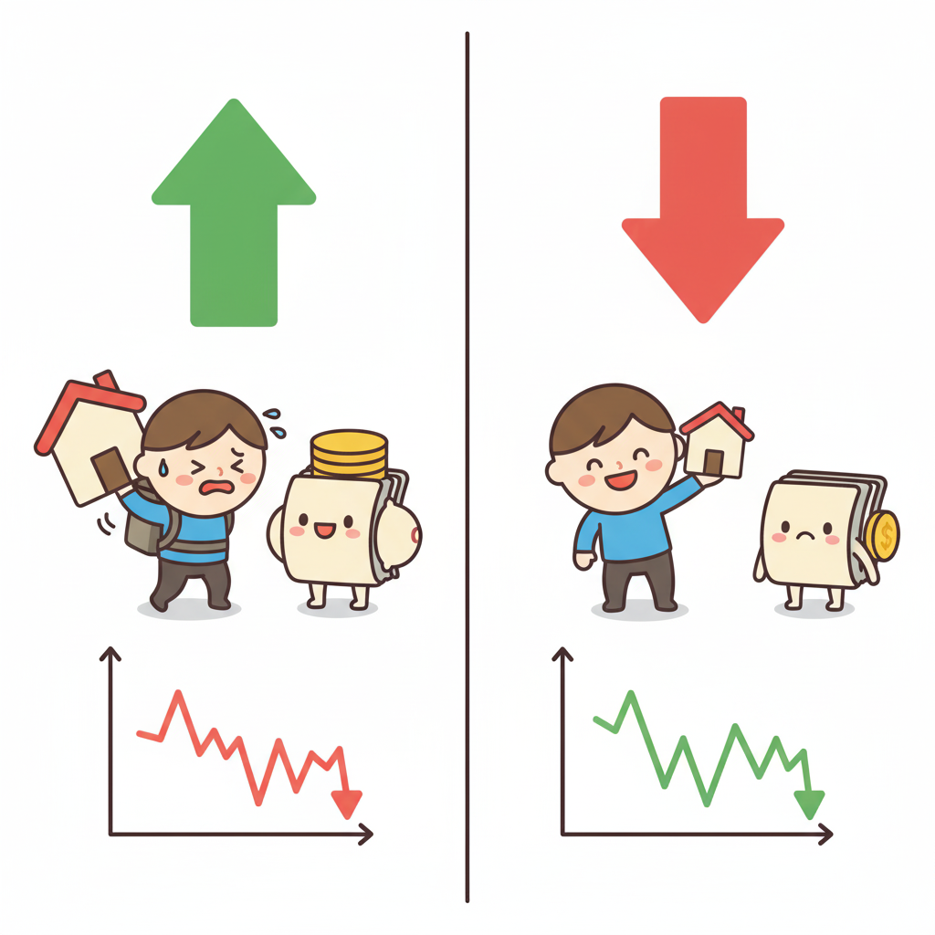 기준금리 인상/인하에 따라 움직이는 대출, 예금, 투자 시장을 보여주는 인포그래픽