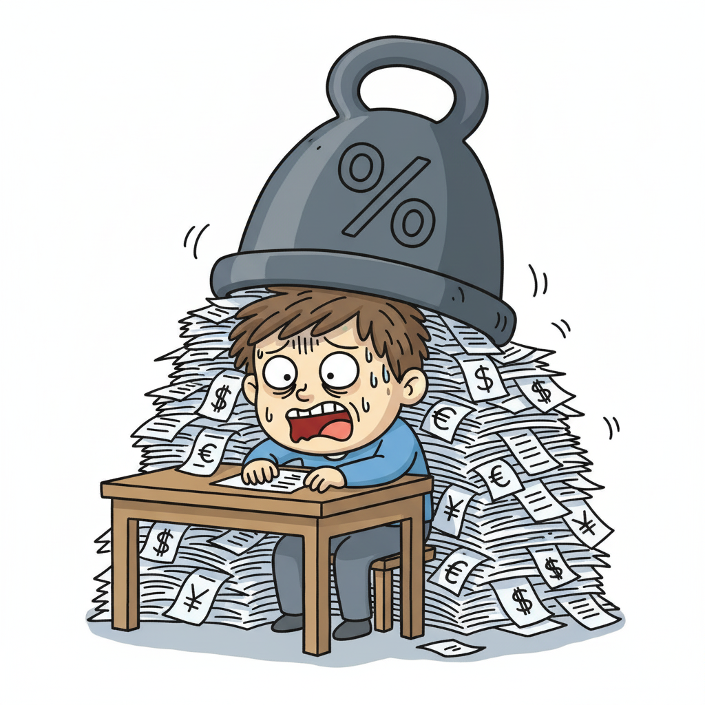 이자 부담으로 힘들어하는 사람의 모습을 유머러스하게 표현한 일러스트
