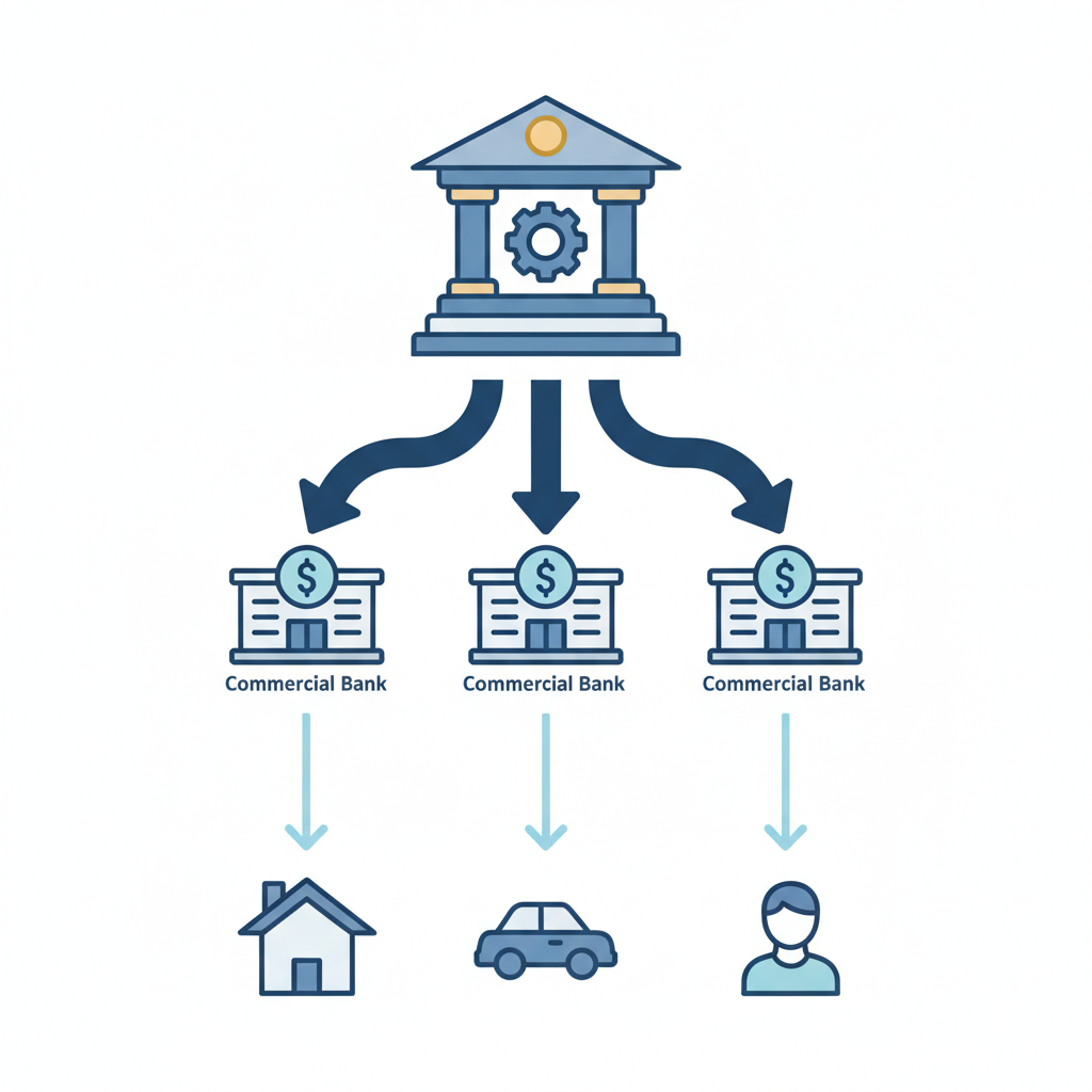 중앙은행과 시중은행, 그리고 사람 사이의 금리 관계를 나타내는 간단한 도표