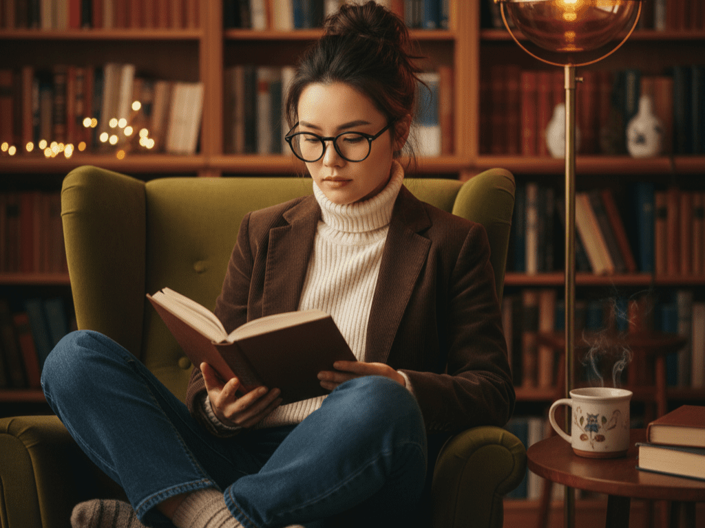 긱시크 스타일을 한 여성이 안경을 쓰고 책을 보고 있는 일러스트