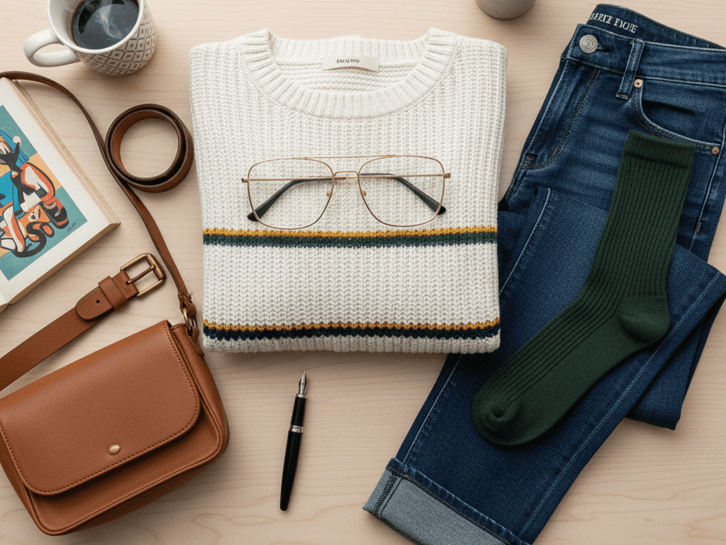 뿔테 안경, 스웨터 조끼, 체크무늬 스커트 등 긱시크 패션의 핵심 아이템들을 보여주는 일러스트