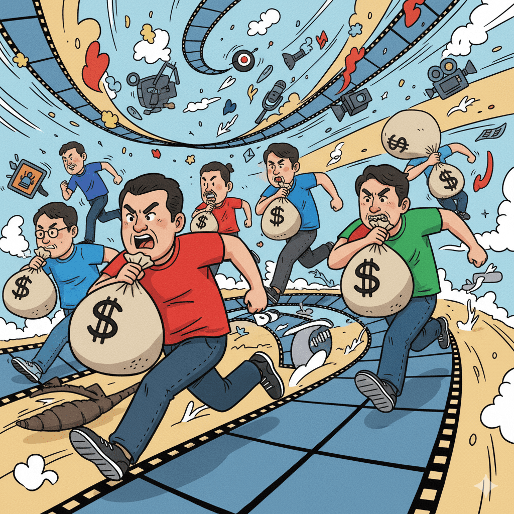 여러 OTT 플랫폼을 상징하는 영화 감독들이 돈가방을 들고 경쟁적으로 달리는 모습