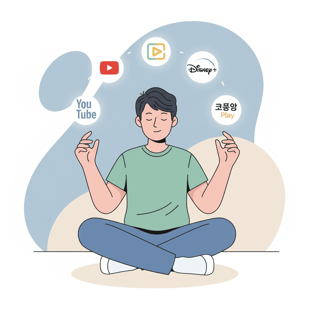 어떤 스트리밍 서비스를 선택할지 여러 아이콘을 보며 고민하는 사람