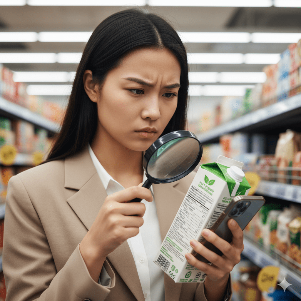 돋보기를 들고 제품 라벨의 성분표를 꼼꼼히 확인하는 사람의 모습