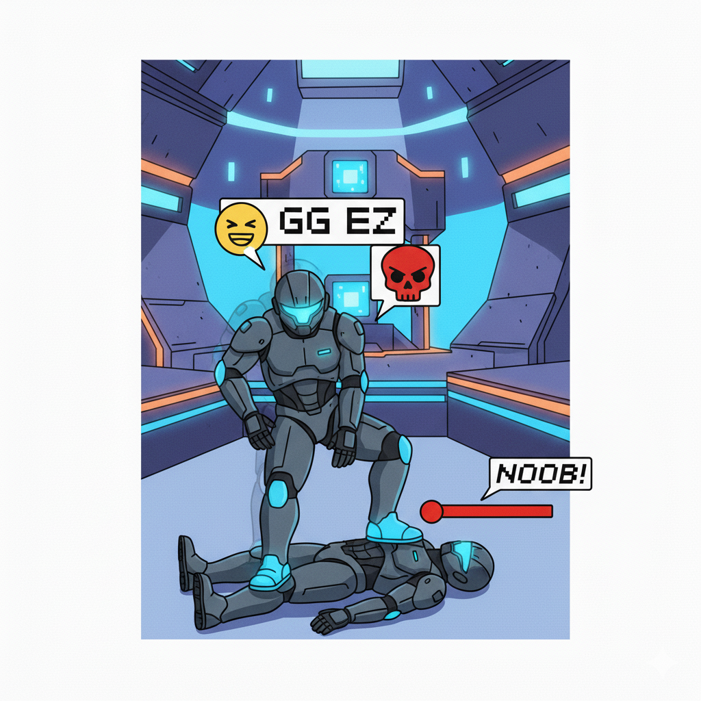 A simple illustration of a video game scene where one character is taunting a defeated opponent.