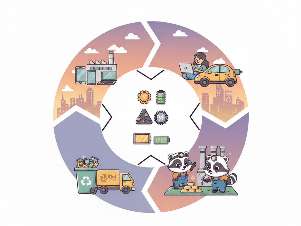생산, 사용, 폐기, 재활용으로 이어지는 순환 경제를 나타내는 인포그래픽 일러스트