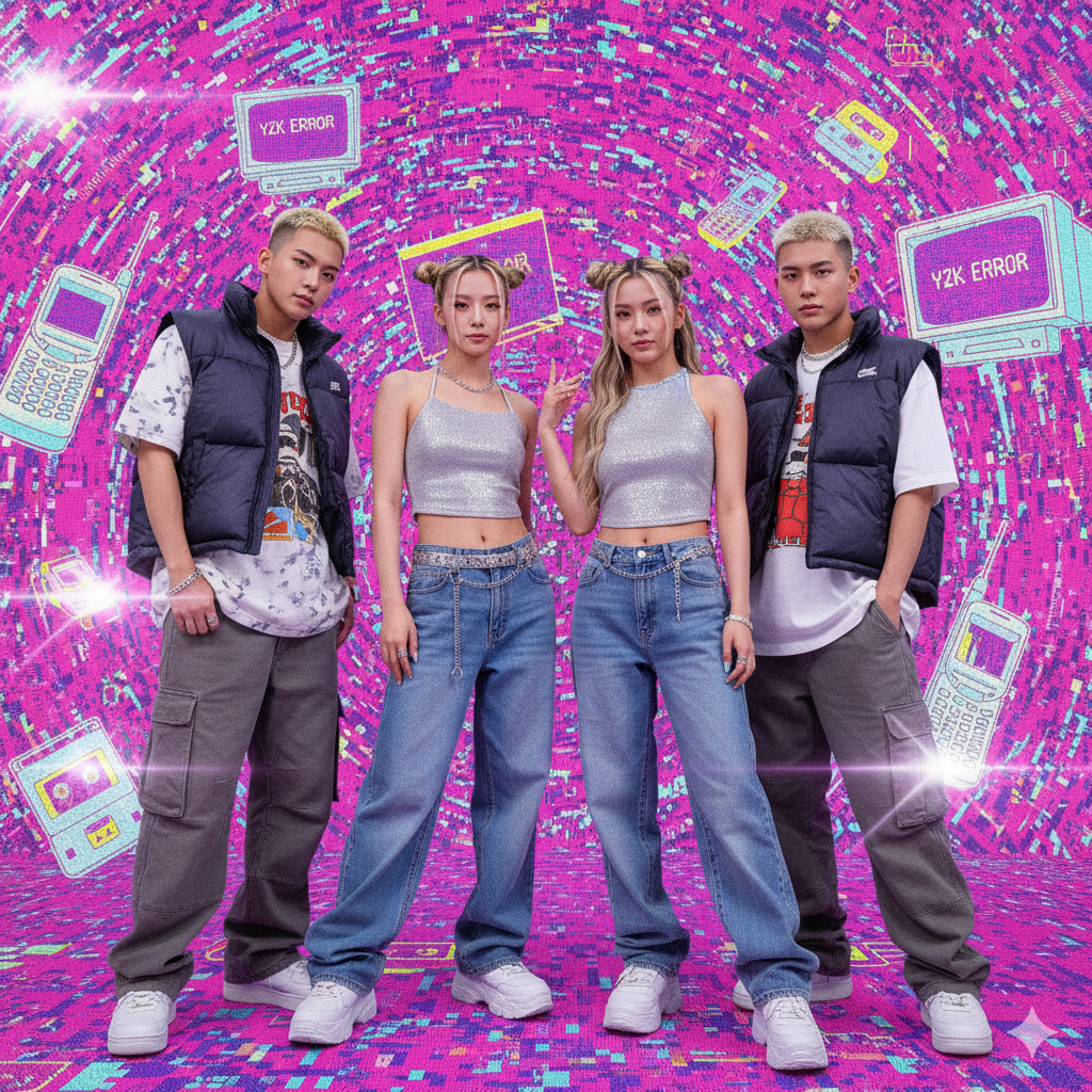 Y2K 감성으로 스타일링한 젊은이들, 배경에는 픽셀화된 디지털 글리치 효과와 2000년대 초반의 상징적인 요소들(MP3 플레이어, 플립폰 등)