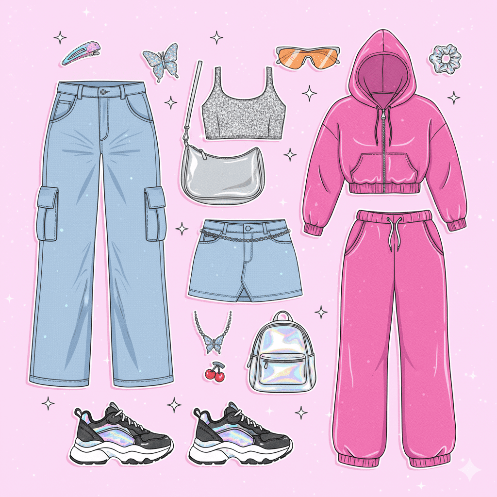 Y2K 패션을 대표하는 아이템들(로우라이즈 진, 크롭탑, 카고 팬츠, 미니 스커트, 벨벳 트레이닝복, 플랫폼 슈즈, 메탈릭 소재 가방 등)이 플랫하게 디자인된 이미지