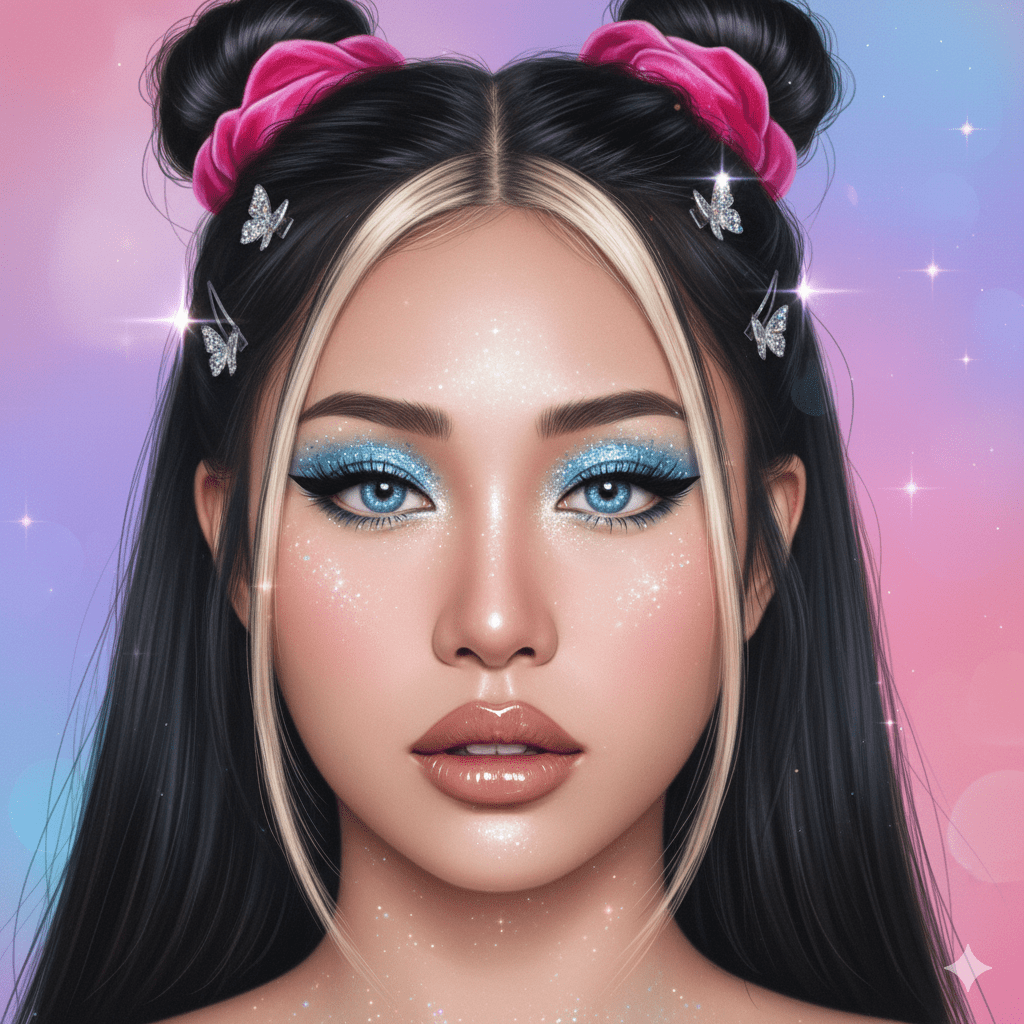Y2K 뷰티 트렌드를 보여주는 여성의 얼굴 클로즈업. 아이스 블루 아이섀도, 글로시한 누드 립, 브릿지 헤어, 더듬이 앞머리 스타일이 강조됨.