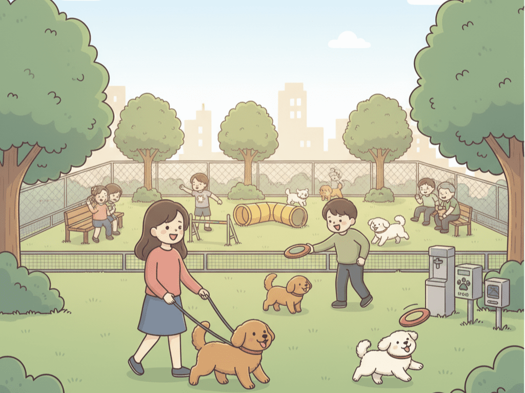 깨끗하게 관리된 반려동물 전용 공원에서 보호자와 반려견이 행복하게 산책하고 뛰어노는 모습의 일러스트