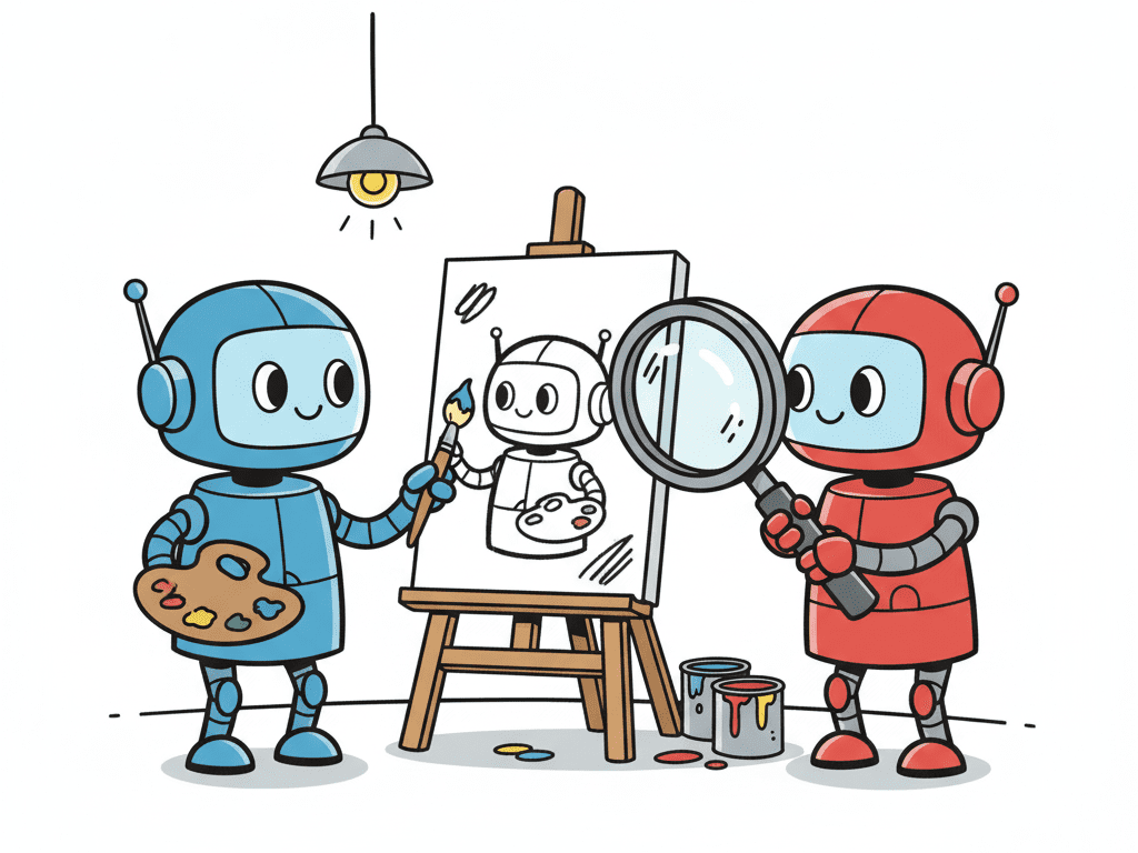 두 로봇이 서로 마주보며 그림을 그리고 평가하는 모습의 일러스트