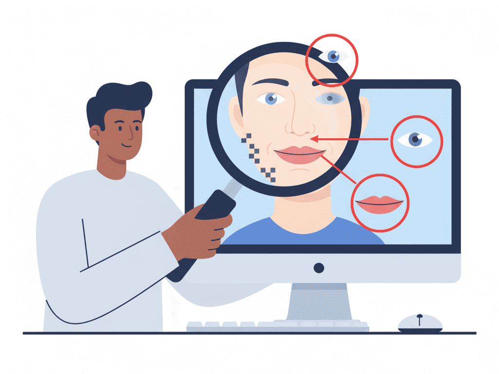 사람이 돋보기로 화면 속 인물의 허점을 찾는 인포그래픽