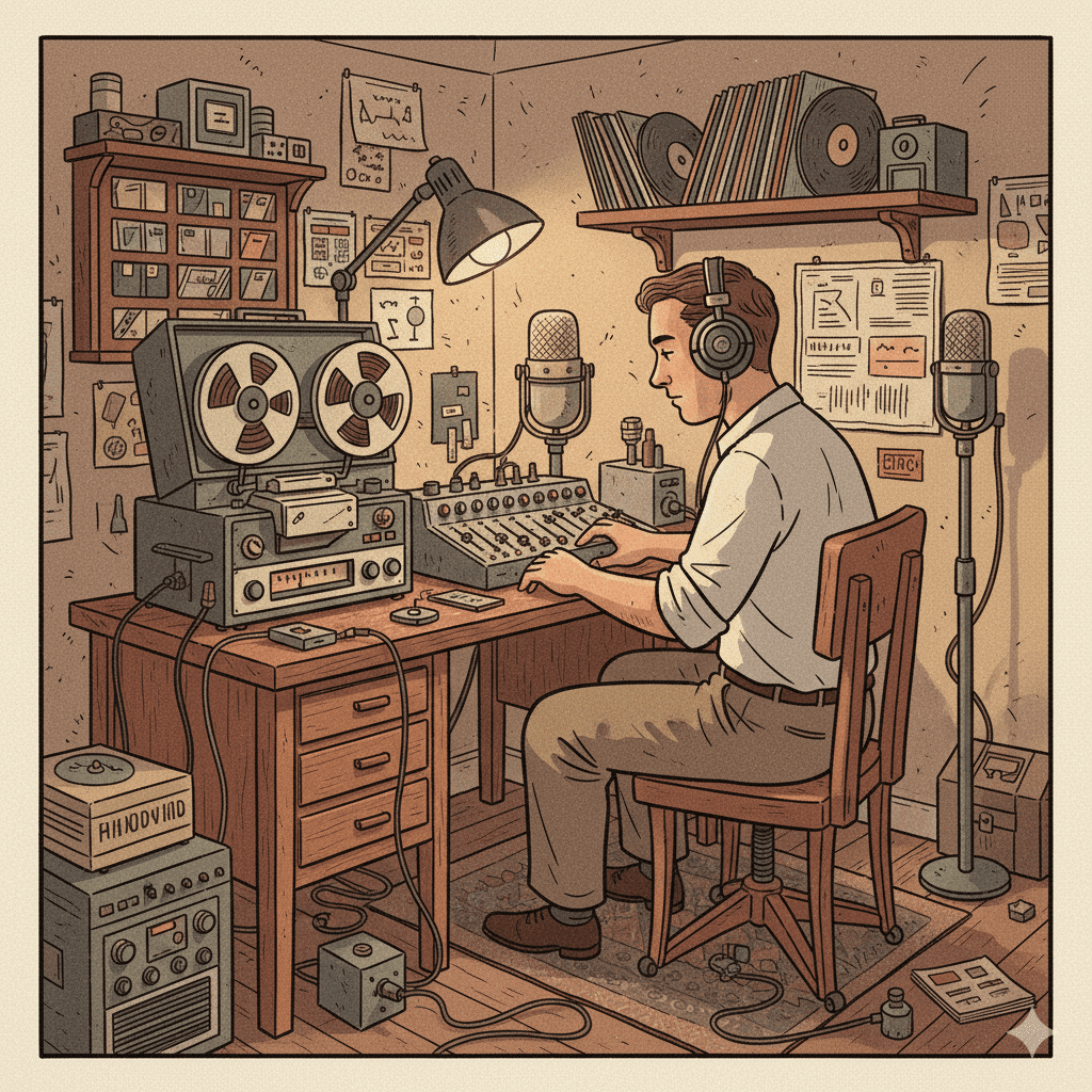 집 안의 작은 홈레코딩 스튜디오에서 음악 작업을 하는 뮤지션의 일러스트