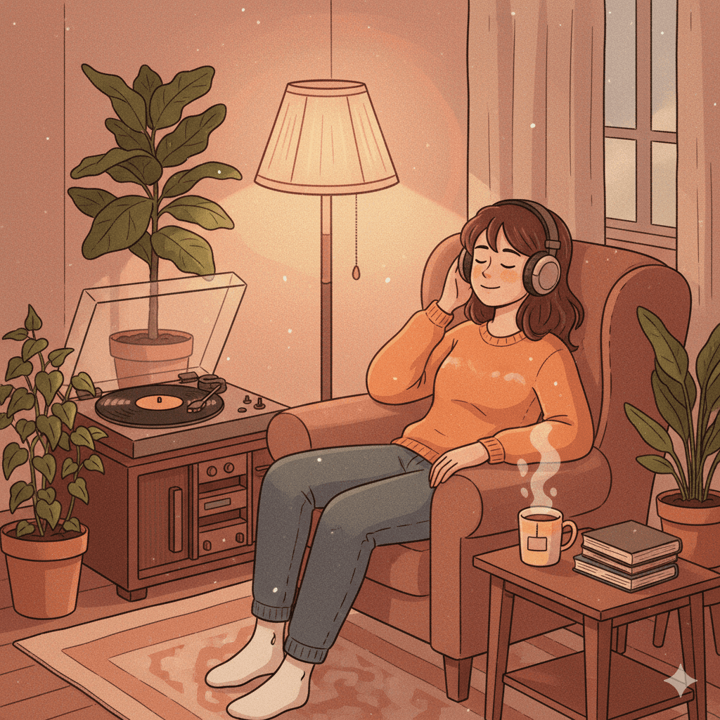 따뜻한 색감의 방에서 헤드폰을 끼고 LP판을 듣고 있는 일러스트
