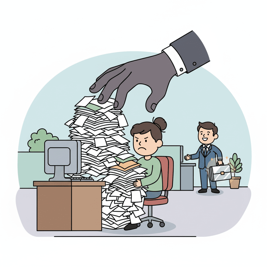 한 직원에게 산더미 같은 잡무 서류가 주어지는 모습