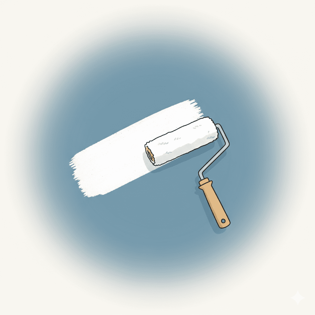 흰색 페인트 롤러가 벽을 칠하는 모습