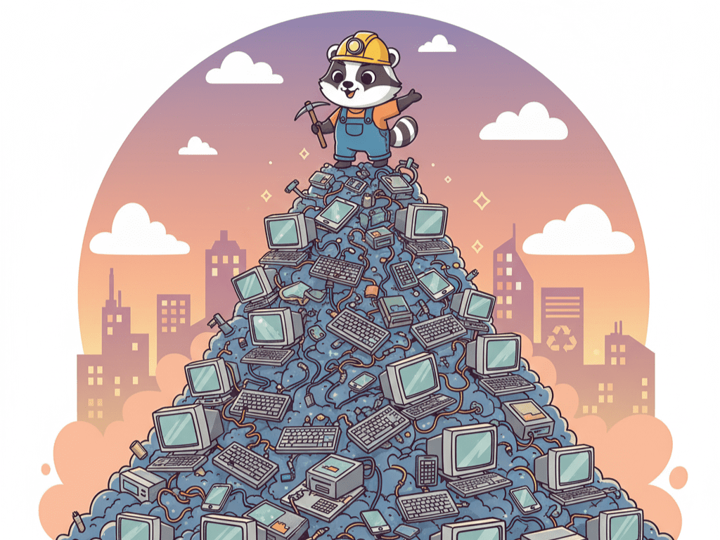 산처럼 쌓인 폐전자제품 더미를 보여주는 도시광산 일러스트