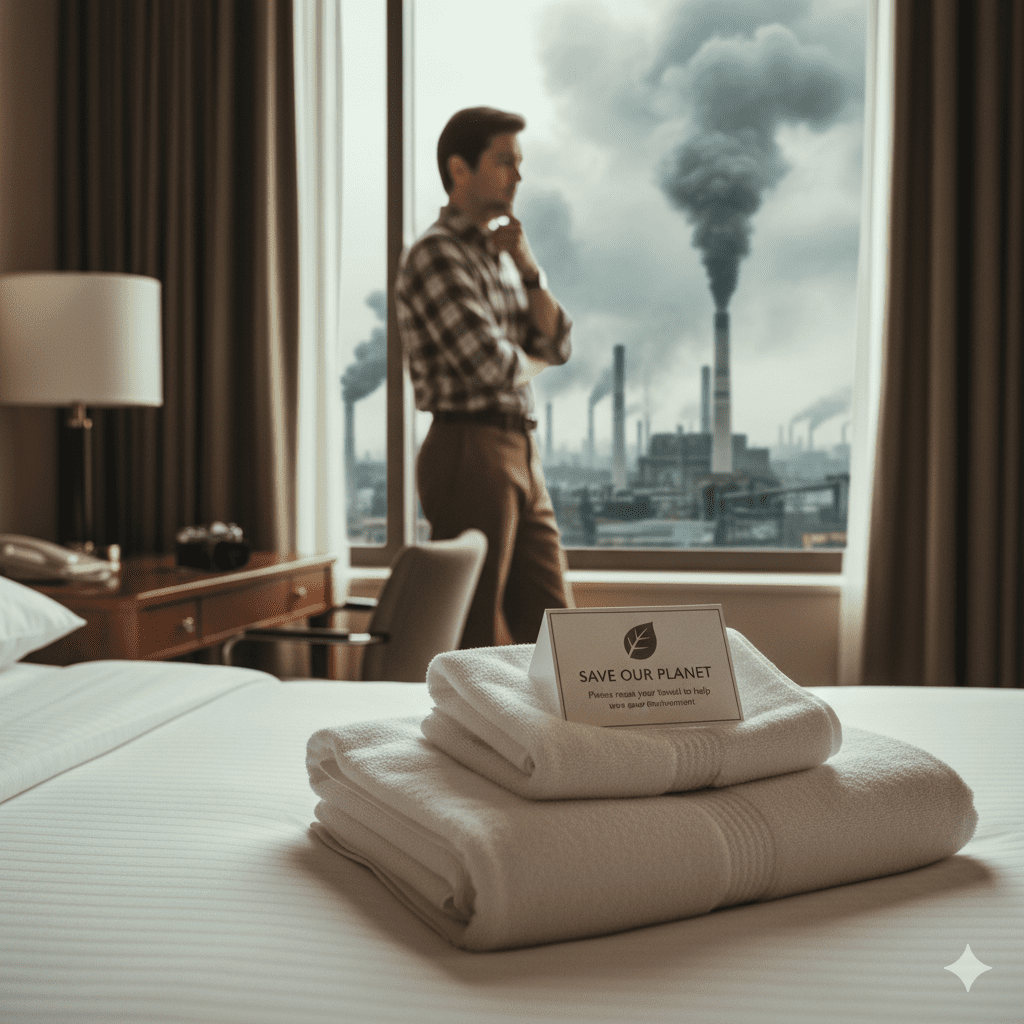 호텔 객실 침대 위에 곱게 개어진 수건과 환경 보호 메시지 카드