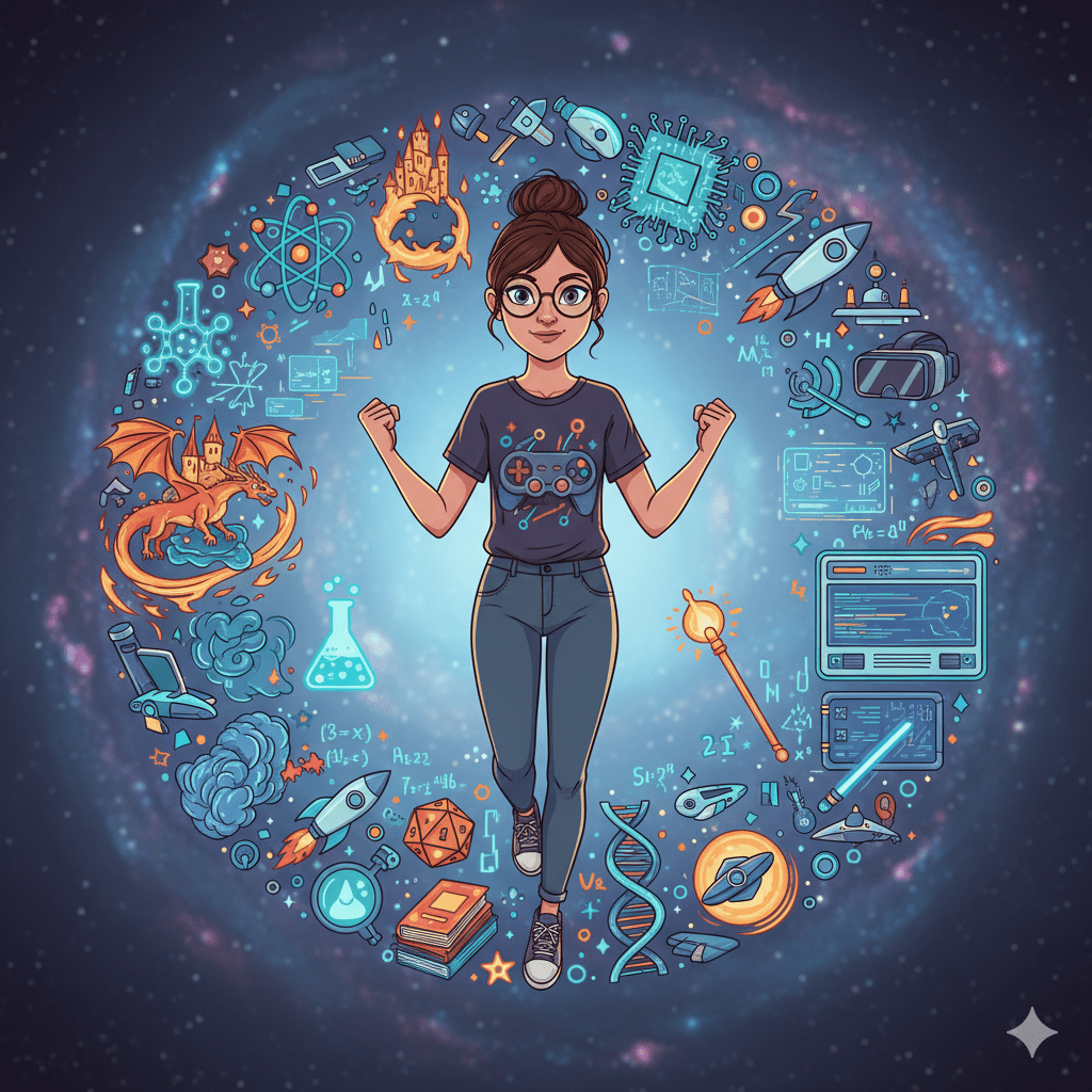 현대적인 너드를 상징하는 아이콘들(과학, 기술, 판타지)에 둘러싸인 안경 낀 캐릭터 일러스트