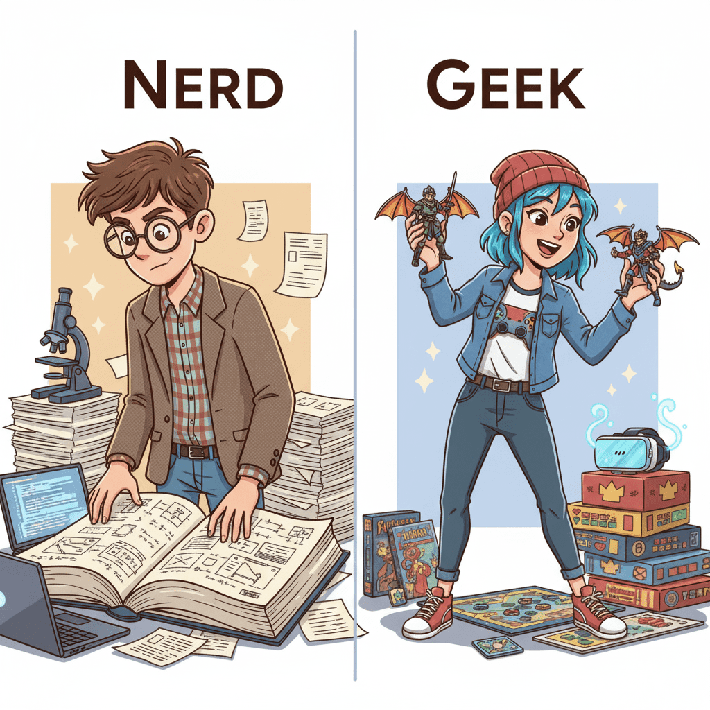 책에 깊이 몰두한 너드와 피규어를 들고 신나게 설명하는 긱이 나란히 서 있는 일러스트