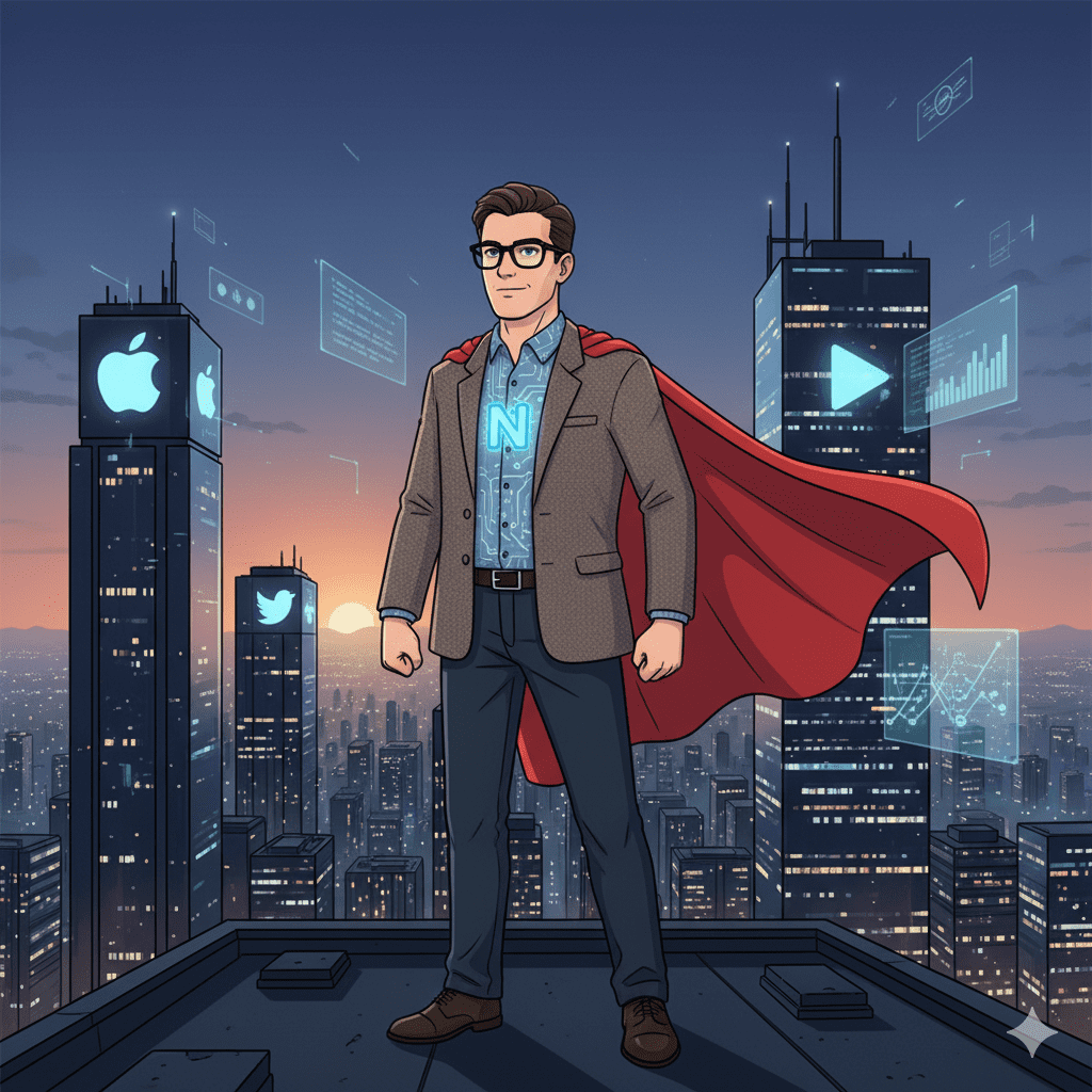 슈퍼히어로 망토를 두른 너드 캐릭터가 기술 회사 로고가 보이는 도시를 배경으로 자신감 있게 서 있는 일러스트