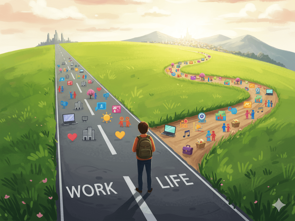 한 사람이 일과 삶이 분리된 길과 통합된 길 사이에서 선택하는 모습