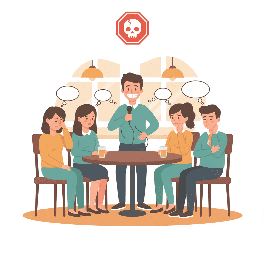 한 사람이 재미없는 농담을 계속 반복하고, 주변 사람들은 지루하고 짜증 난 표정으로 그를 쳐다보는 모습의 일러스트