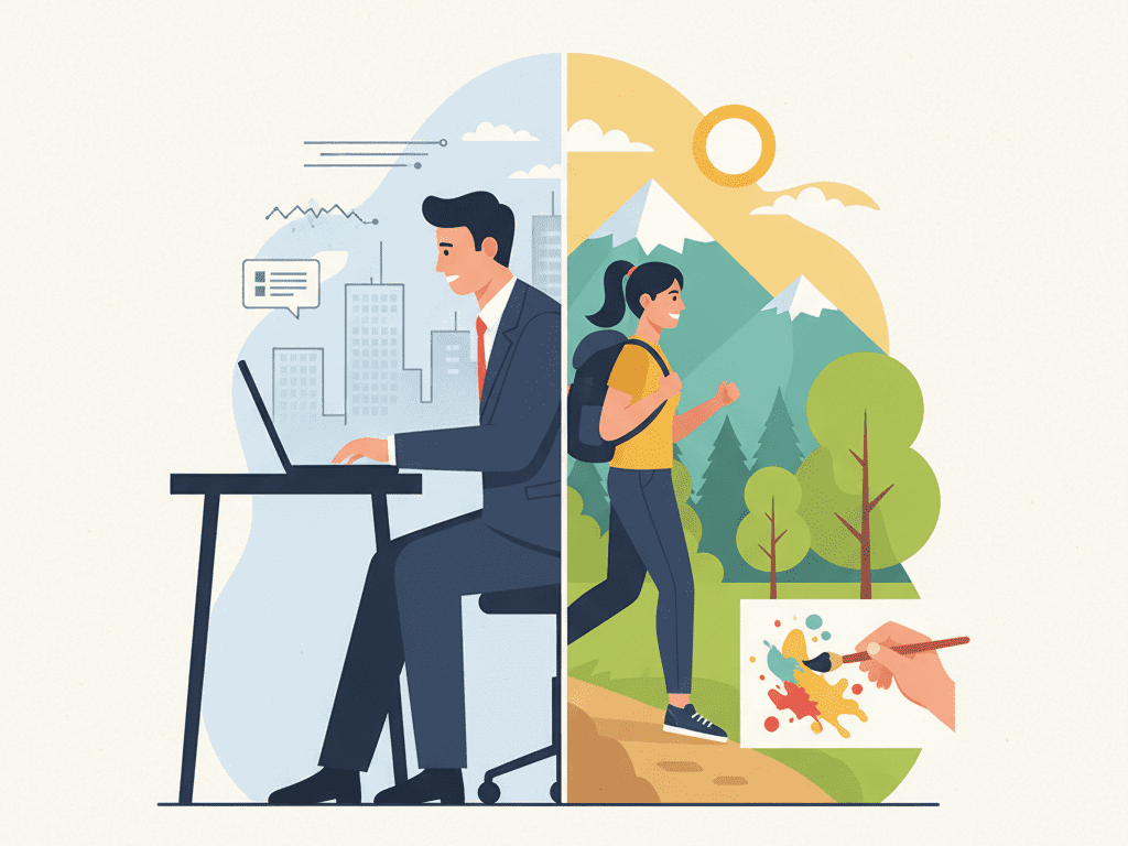 한 사람의 실루엣이 절반은 직장인, 절반은 취미를 즐기는 모습으로 나뉘어 있음