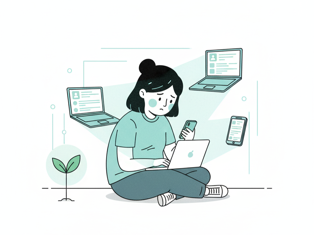 정보 과부하에 지친 사람 옆에서 새싹이 돋아나는 모습을 표현한 일러스트