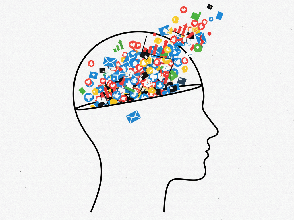 사람의 머릿속으로 수많은 디지털 정보 아이콘이 흘러 들어가는 모습의 그래픽 일러스트